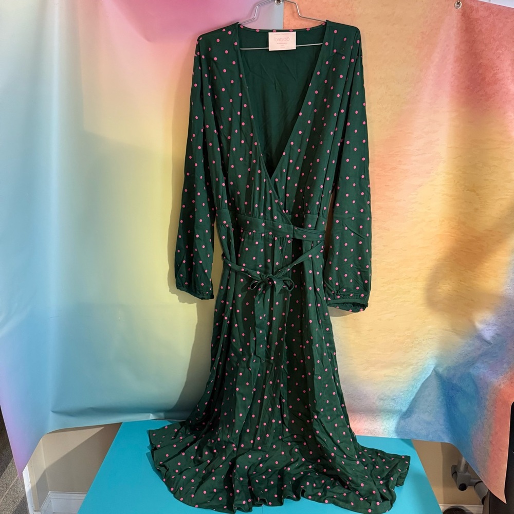 ban.do Green Long Sleeve Dress with Pink Polka Dots